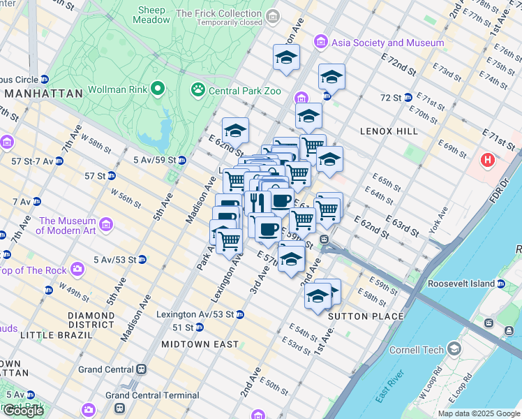 map of restaurants, bars, coffee shops, grocery stores, and more near in New York