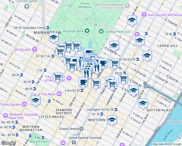 map of restaurants, bars, coffee shops, grocery stores, and more near 65 East 55th Street in New York