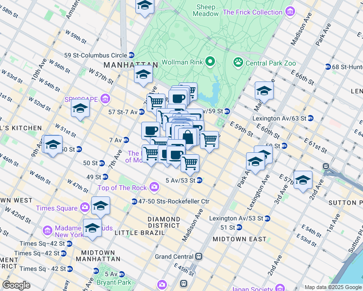 map of restaurants, bars, coffee shops, grocery stores, and more near 48 West 55th Street in New York