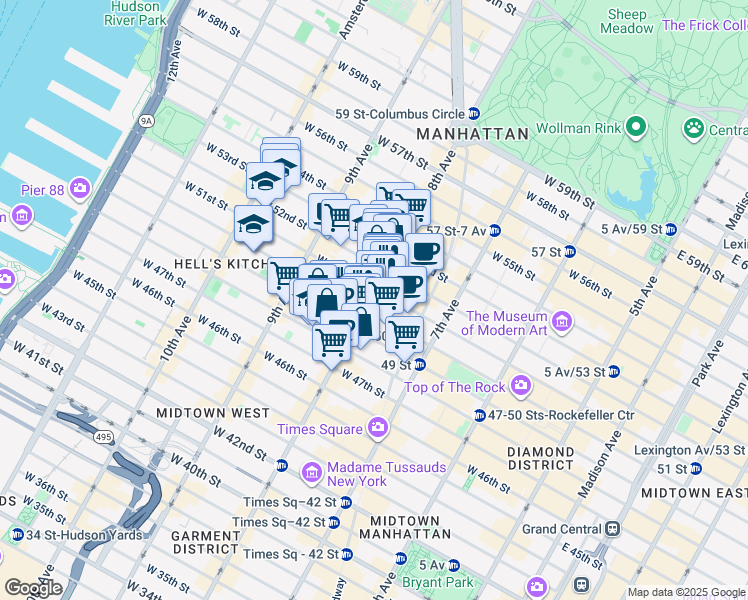 map of restaurants, bars, coffee shops, grocery stores, and more near 810 8th Avenue in New York