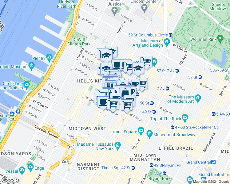map of restaurants, bars, coffee shops, grocery stores, and more near 355 West 49th Street in New York