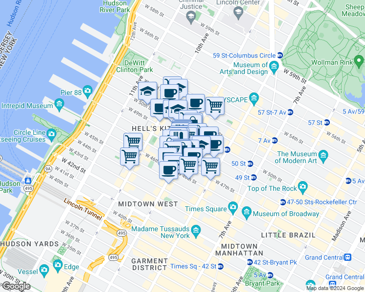 map of restaurants, bars, coffee shops, grocery stores, and more near in New York