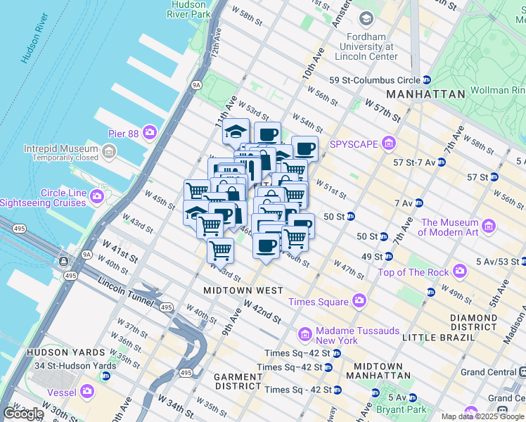 map of restaurants, bars, coffee shops, grocery stores, and more near 447 West 47th Street in New York