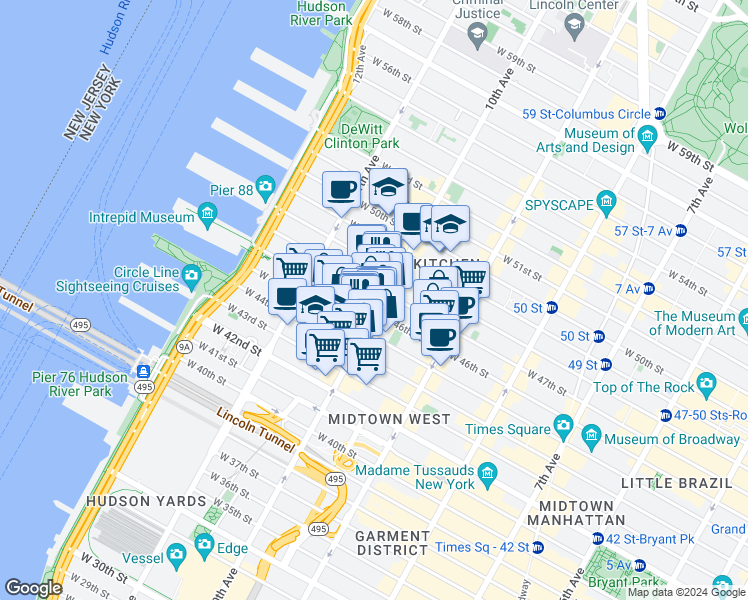 map of restaurants, bars, coffee shops, grocery stores, and more near 456 West 47th Street in New York