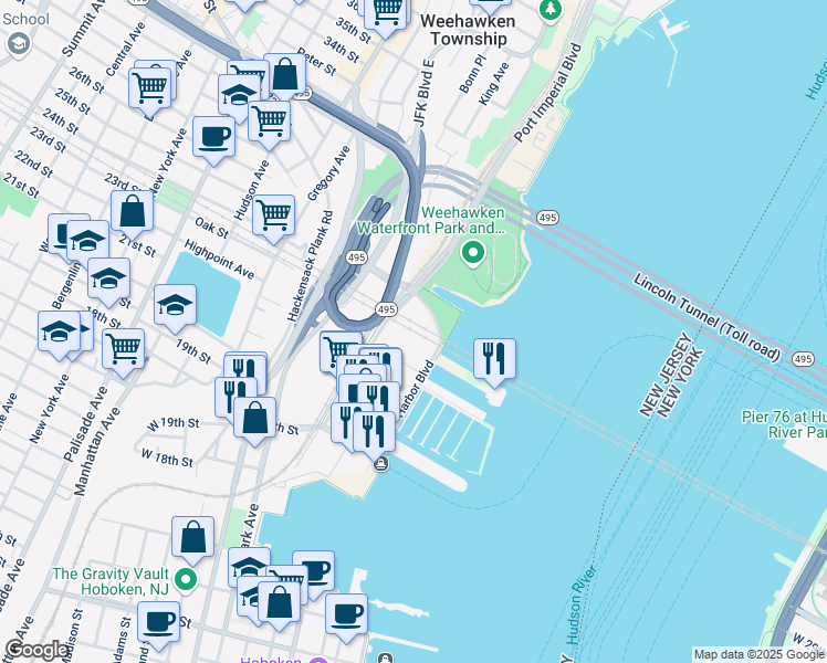 map of restaurants, bars, coffee shops, grocery stores, and more near 1575 Harbor Boulevard in Weehawken