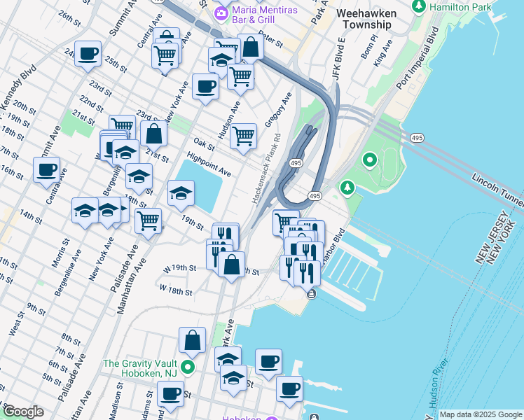 map of restaurants, bars, coffee shops, grocery stores, and more near 300 JFK Boulevard East in Weehawken