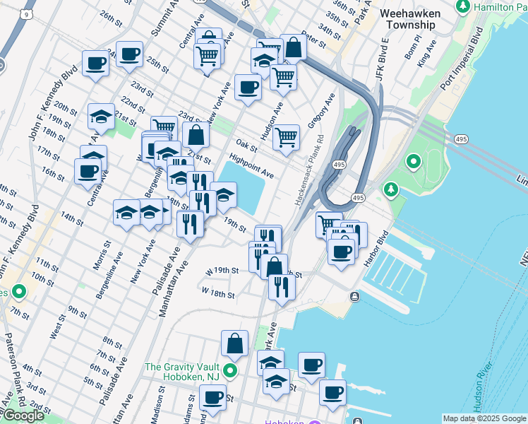 map of restaurants, bars, coffee shops, grocery stores, and more near 411 Gregory Avenue in Weehawken