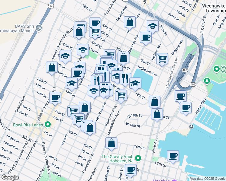 map of restaurants, bars, coffee shops, grocery stores, and more near 1700 New York Avenue in Union City
