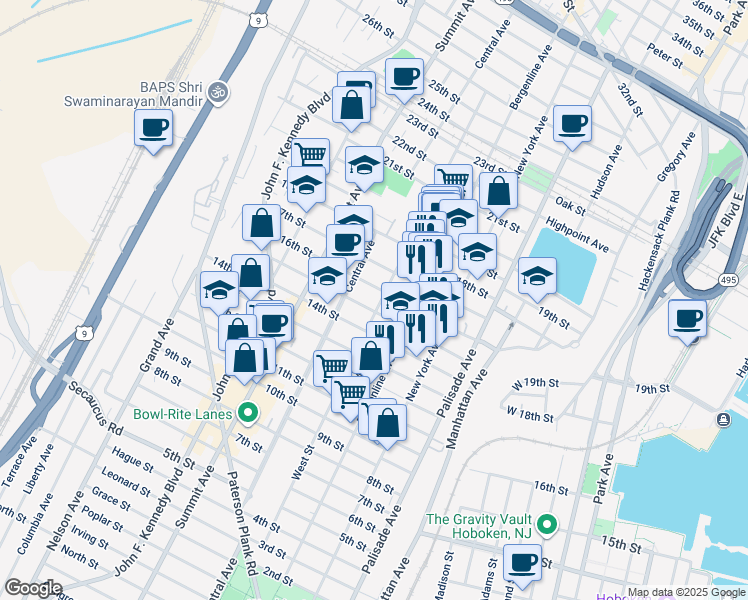 map of restaurants, bars, coffee shops, grocery stores, and more near 521 16th Street in Union City
