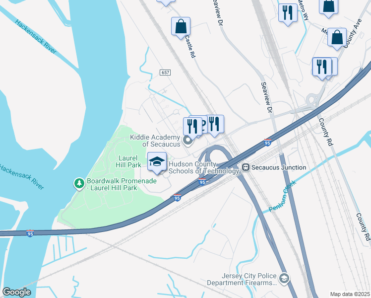 map of restaurants, bars, coffee shops, grocery stores, and more near 1001 Riverside Station Boulevard in Secaucus
