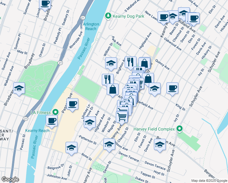 map of restaurants, bars, coffee shops, grocery stores, and more near 280 Highland Avenue in Kearny