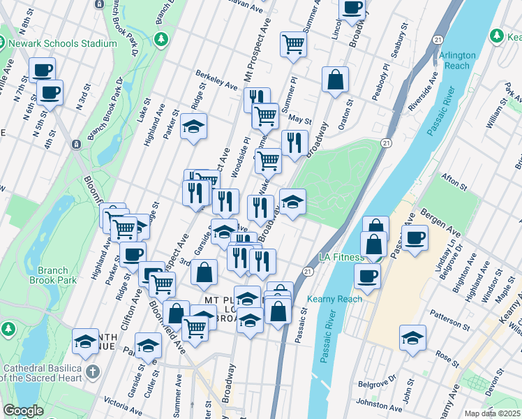 map of restaurants, bars, coffee shops, grocery stores, and more near 22 Wakeman Avenue in Newark