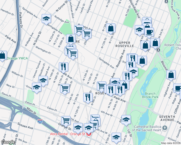map of restaurants, bars, coffee shops, grocery stores, and more near 180 North 12th Street in Newark