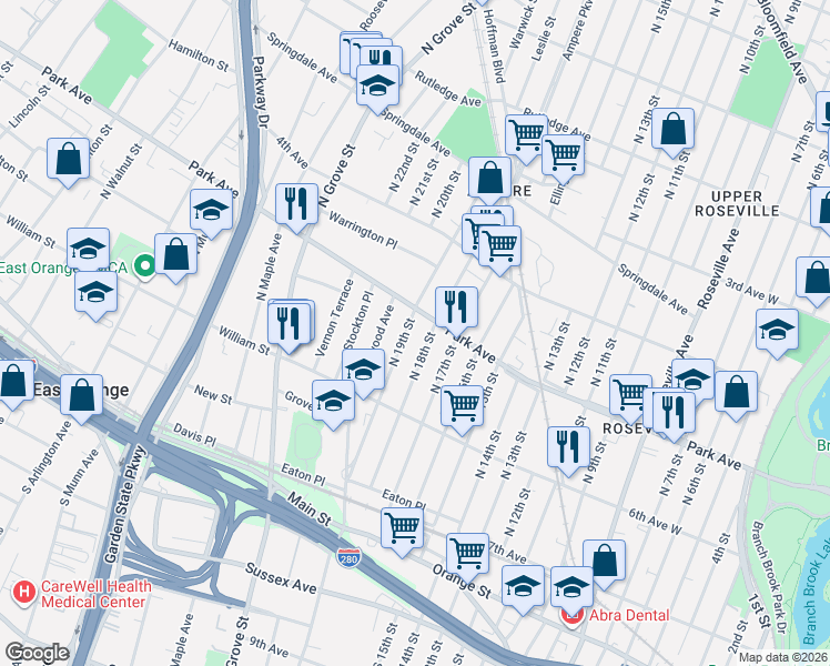 map of restaurants, bars, coffee shops, grocery stores, and more near 107 North 18th Street in East Orange