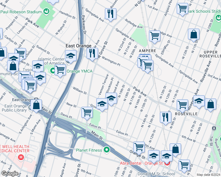map of restaurants, bars, coffee shops, grocery stores, and more near 42 Stockton Place in East Orange
