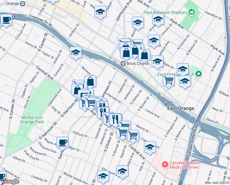 map of restaurants, bars, coffee shops, grocery stores, and more near 115 Halsted Street in East Orange
