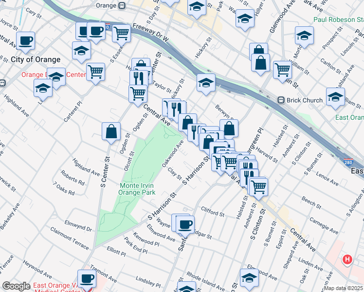 map of restaurants, bars, coffee shops, grocery stores, and more near 258 Oakwood Avenue in City of Orange