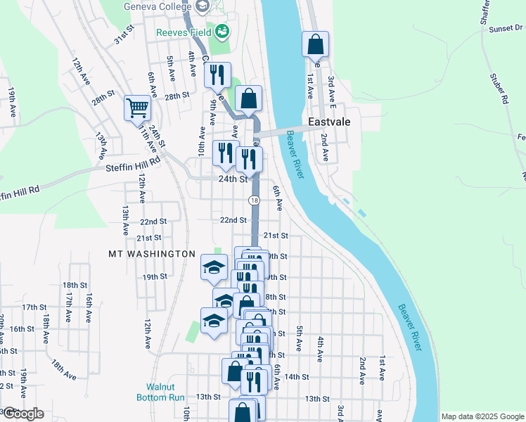 map of restaurants, bars, coffee shops, grocery stores, and more near 2208 7th Avenue in Beaver Falls