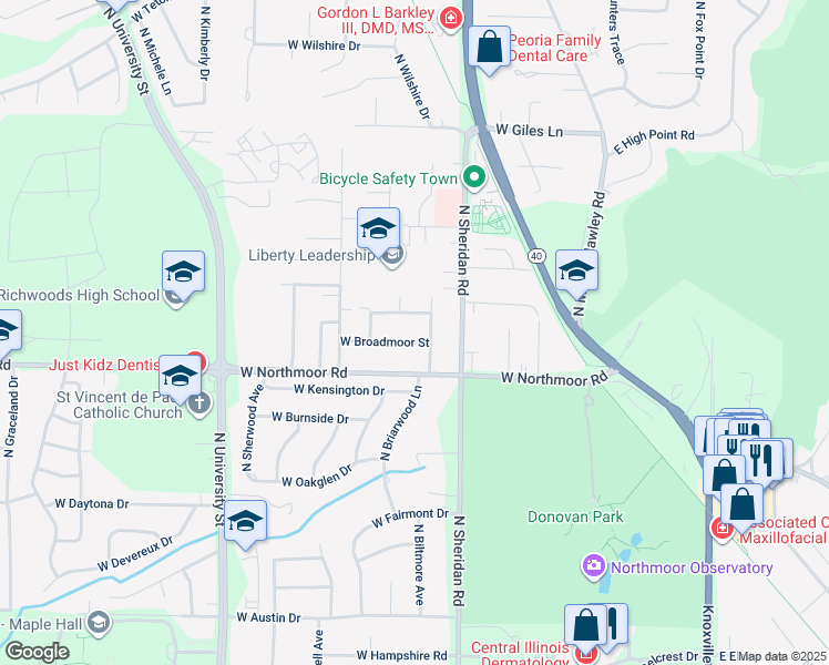 map of restaurants, bars, coffee shops, grocery stores, and more near 6125-6221 North Lexington Drive in Peoria