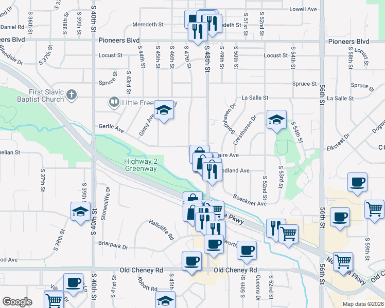 map of restaurants, bars, coffee shops, grocery stores, and more near 4631 Claire Avenue in Lincoln