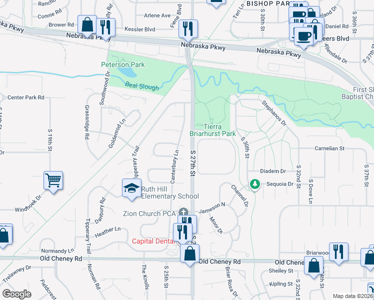 map of restaurants, bars, coffee shops, grocery stores, and more near 2631 Cheshire North Court in Lincoln