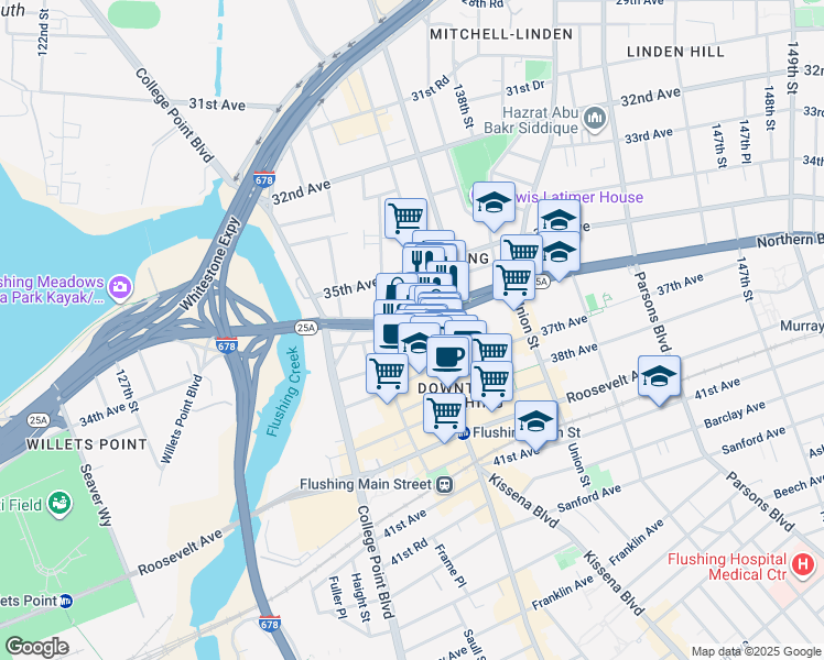 map of restaurants, bars, coffee shops, grocery stores, and more near 36-25 Main Street in Queens