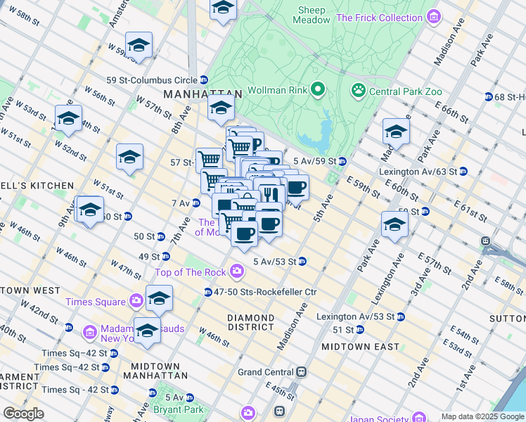 map of restaurants, bars, coffee shops, grocery stores, and more near 1361 6th Avenue in New York