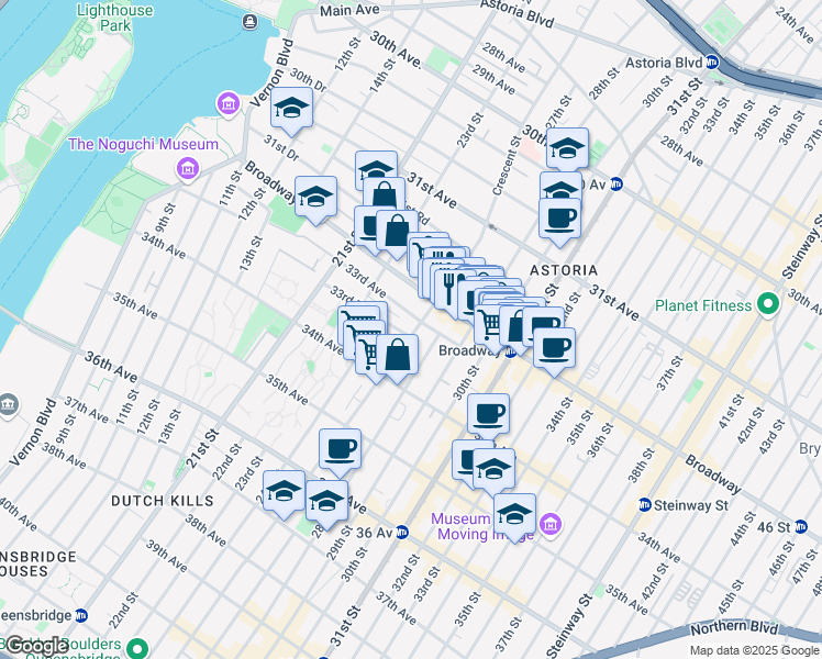 map of restaurants, bars, coffee shops, grocery stores, and more near 33-12 Crescent Street in Queens