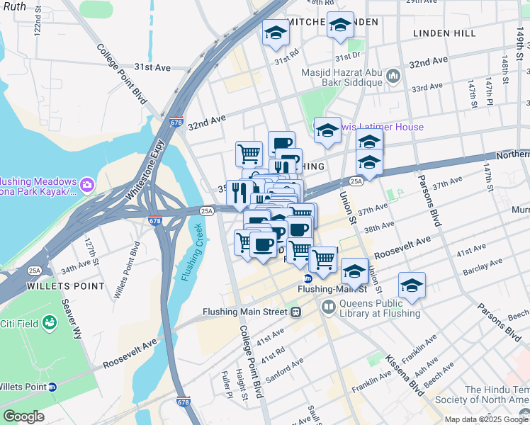 map of restaurants, bars, coffee shops, grocery stores, and more near 13502 Northern Boulevard in Queens