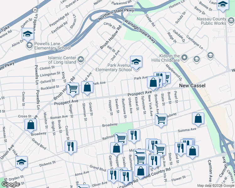 map of restaurants, bars, coffee shops, grocery stores, and more near 893 Prospect Avenue in Westbury