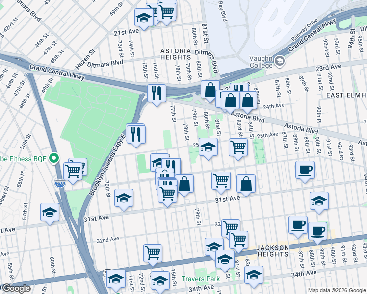 map of restaurants, bars, coffee shops, grocery stores, and more near 76-18 25th Avenue in Queens