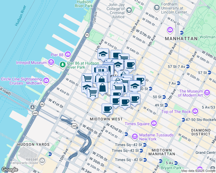 map of restaurants, bars, coffee shops, grocery stores, and more near 447 West 47th Street in New York