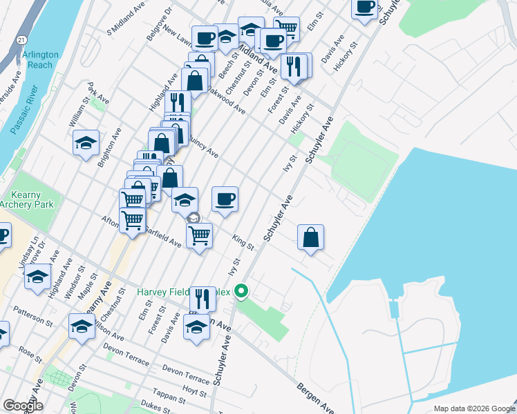 map of restaurants, bars, coffee shops, grocery stores, and more near 238 Ivy Street in Kearny