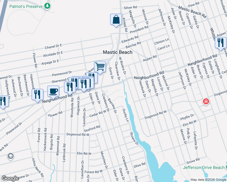 map of restaurants, bars, coffee shops, grocery stores, and more near 10 Victoria Place in Mastic Beach
