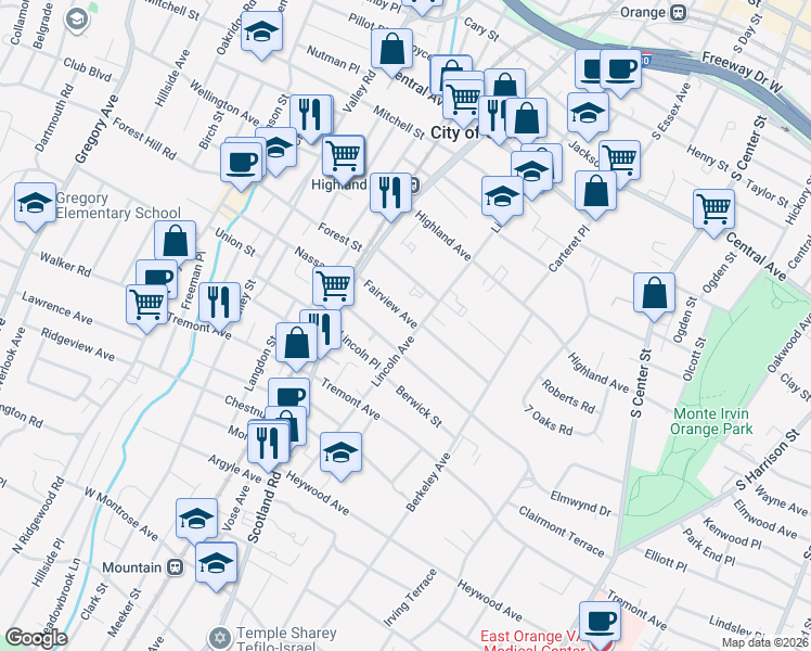 map of restaurants, bars, coffee shops, grocery stores, and more near 444 Fairview Avenue in City of Orange
