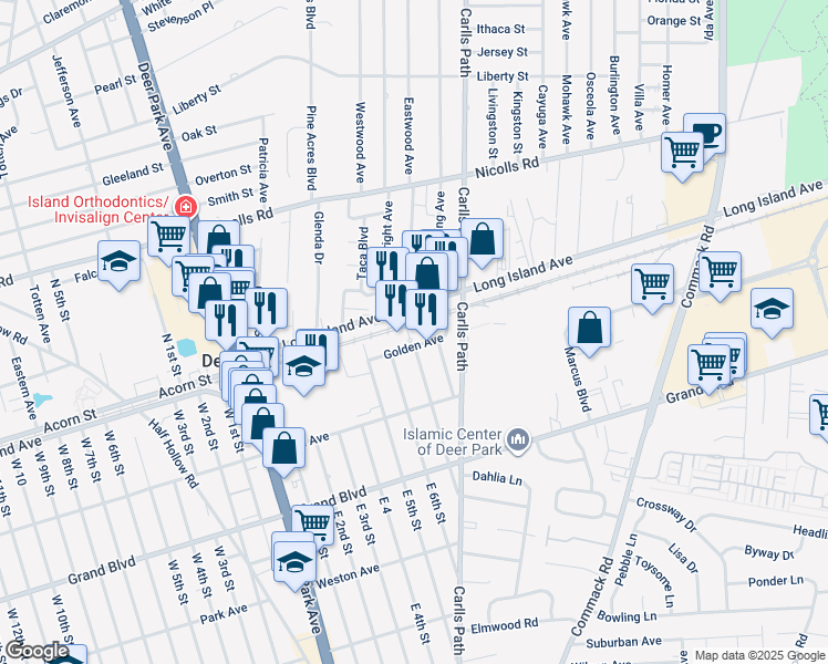 map of restaurants, bars, coffee shops, grocery stores, and more near 3 Golden Avenue in Deer Park