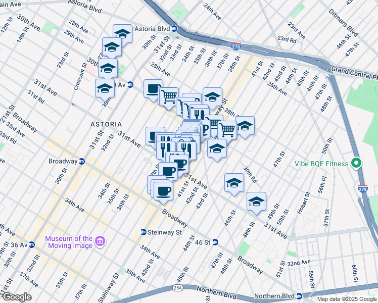 map of restaurants, bars, coffee shops, grocery stores, and more near 38-05 31st Avenue in Queens