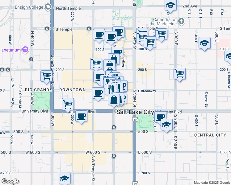 map of restaurants, bars, coffee shops, grocery stores, and more near 309 South Main Street in Salt Lake City