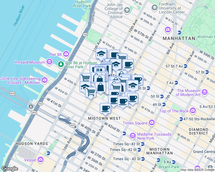 map of restaurants, bars, coffee shops, grocery stores, and more near 447 West 47th Street in New York