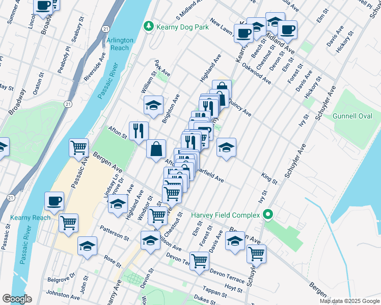 map of restaurants, bars, coffee shops, grocery stores, and more near 72 Halstead Street in Kearny