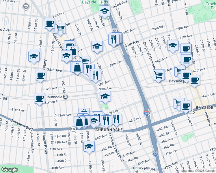 map of restaurants, bars, coffee shops, grocery stores, and more near 200-43 39th Avenue in Queens