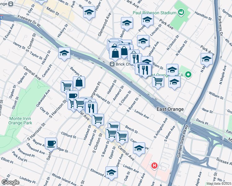 map of restaurants, bars, coffee shops, grocery stores, and more near 51 Amherst Street in East Orange