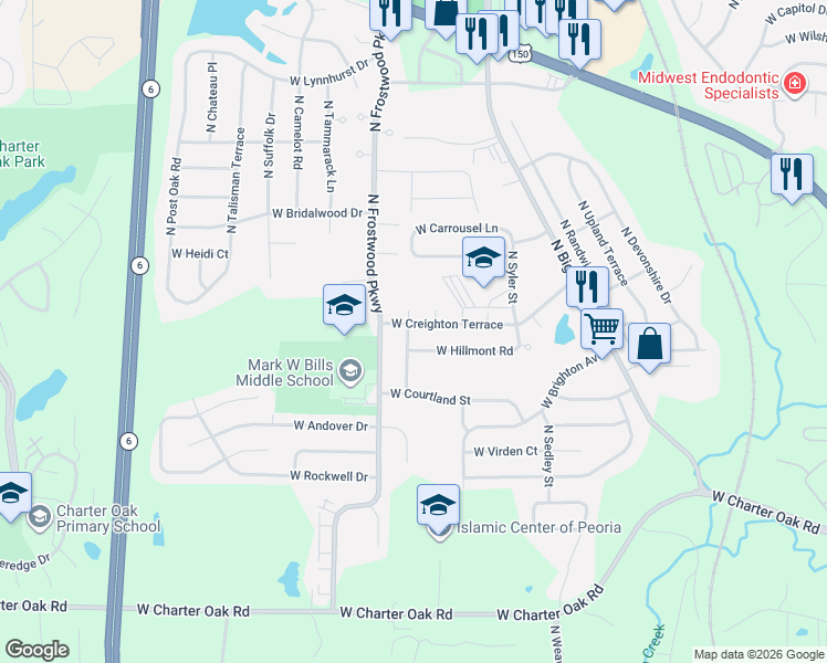 map of restaurants, bars, coffee shops, grocery stores, and more near 4128 West Creighton Terrace in Peoria