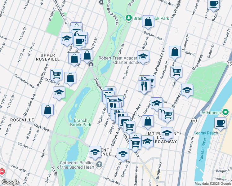 map of restaurants, bars, coffee shops, grocery stores, and more near 266 Parker Street in Newark