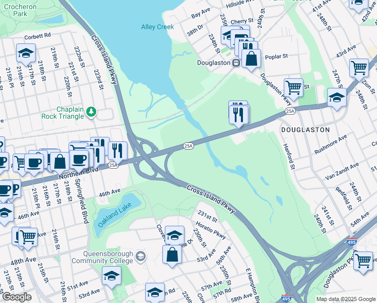map of restaurants, bars, coffee shops, grocery stores, and more near 228-06 Northern Boulevard in Queens