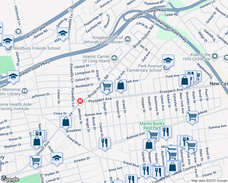 map of restaurants, bars, coffee shops, grocery stores, and more near 345 Sherman Street in Westbury