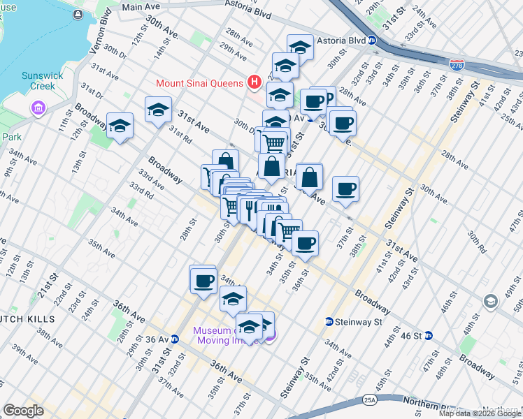 map of restaurants, bars, coffee shops, grocery stores, and more near 31-53 31st Street in Queens