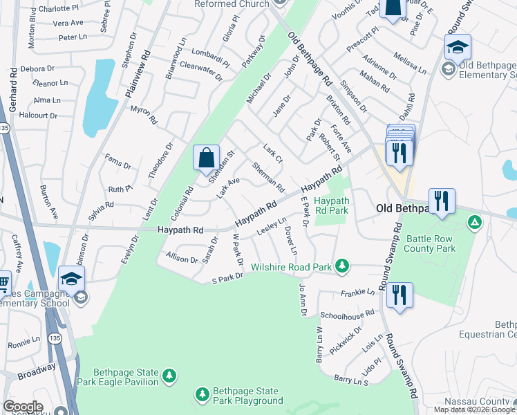 map of restaurants, bars, coffee shops, grocery stores, and more near 2 Maggio Lane in Old Bethpage