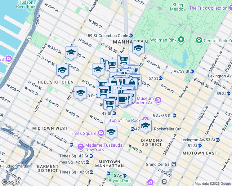map of restaurants, bars, coffee shops, grocery stores, and more near 49 West 52nd Street in New York