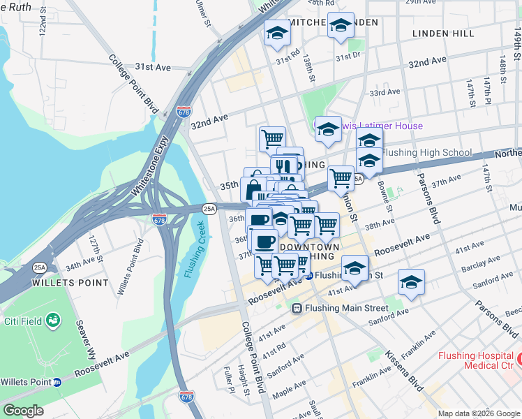 map of restaurants, bars, coffee shops, grocery stores, and more near 13502 Northern Boulevard in Queens
